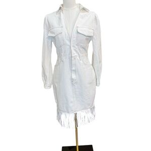 O’YROY White Denim Fringe Utility Midi Dress M NWT